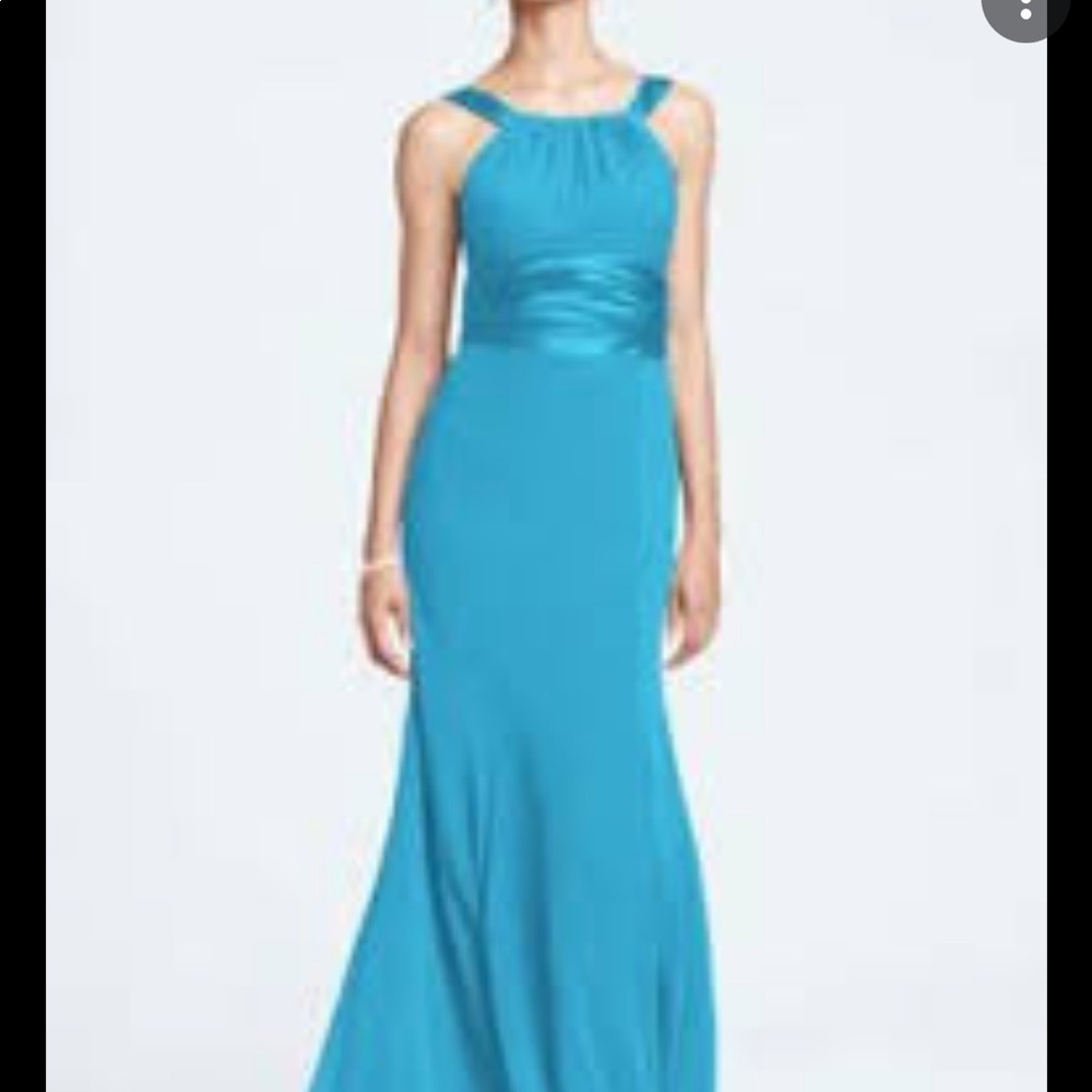 Let’s Fashion Long Blue Yoke Neck Chiffon and Satin Dress